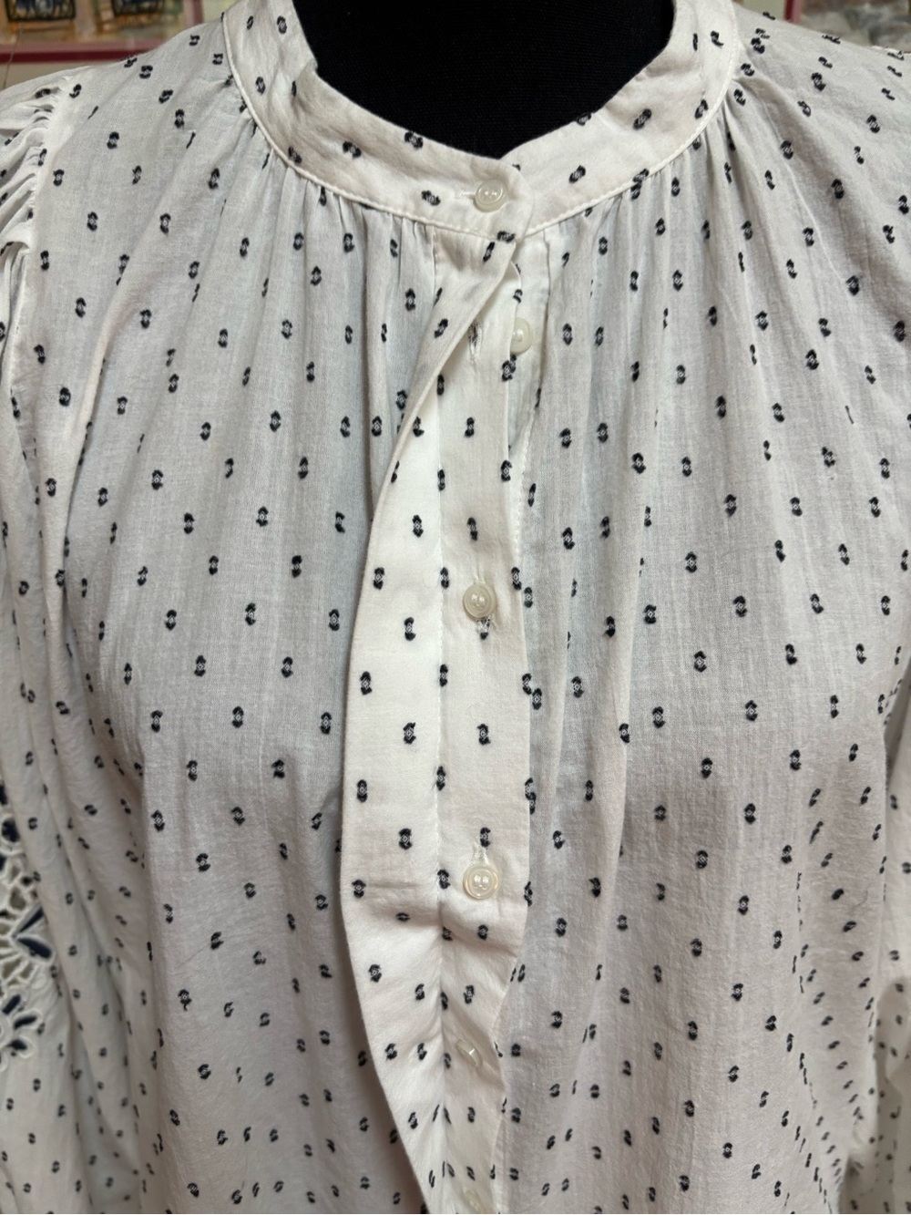H&M LOGG Peasant Blouse Oversized Floral Lace Embroidered Sleeves White & Navy - Picture 7 of 10